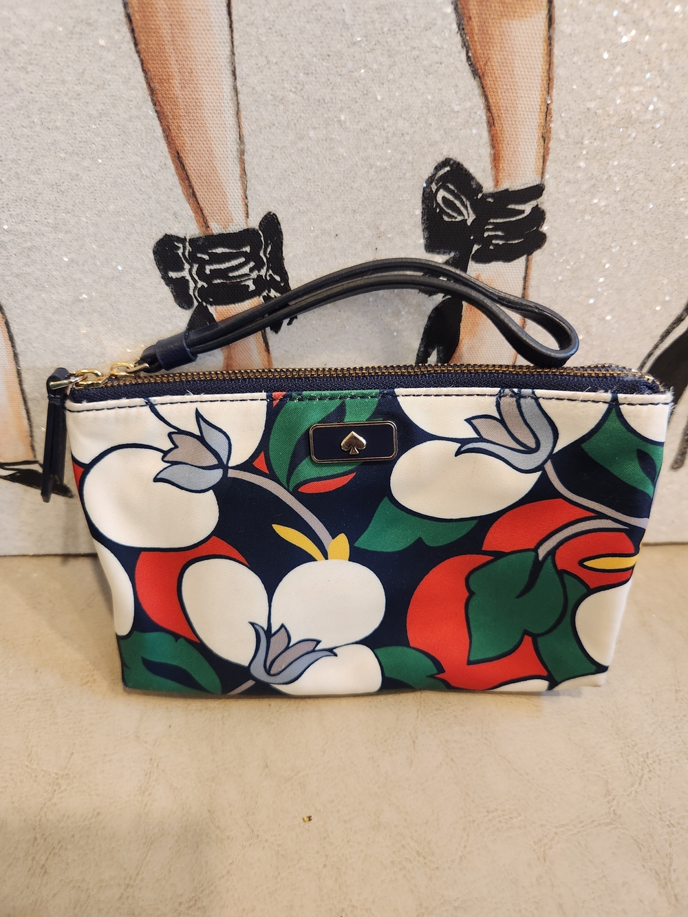 Kate Spade Floral Scarf Wristlet Pouch in Navy, Red, Green, White EUC
